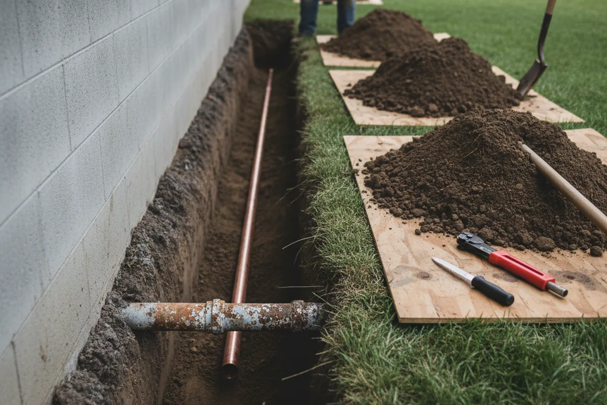 Excavated water line trench during Water Softener Installation in Murphy